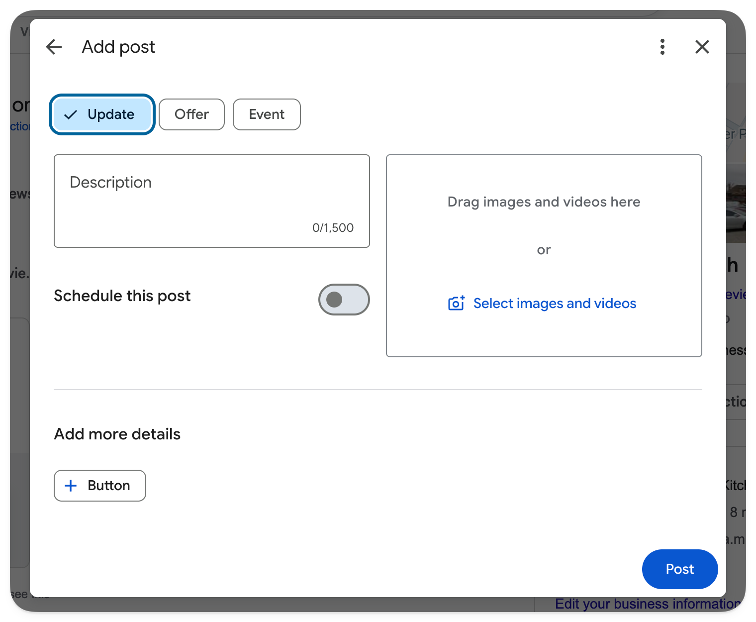 The “Add post” window in Google Business Profile with update, offer and event tabs, a description field and image upload