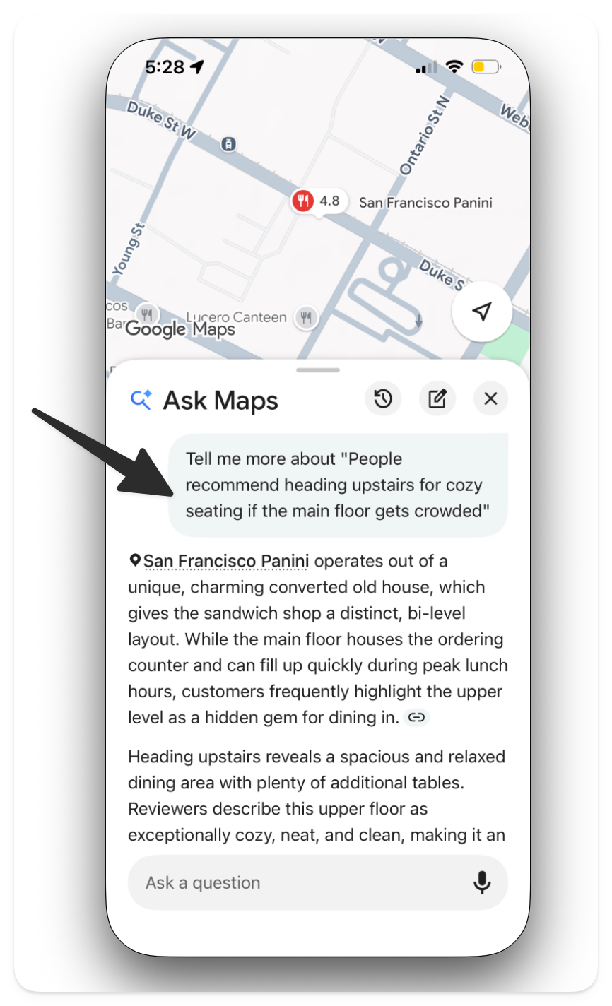 Google Maps “Ask Maps” AI chat answering a question about a restaurant using details taken from its customer reviews