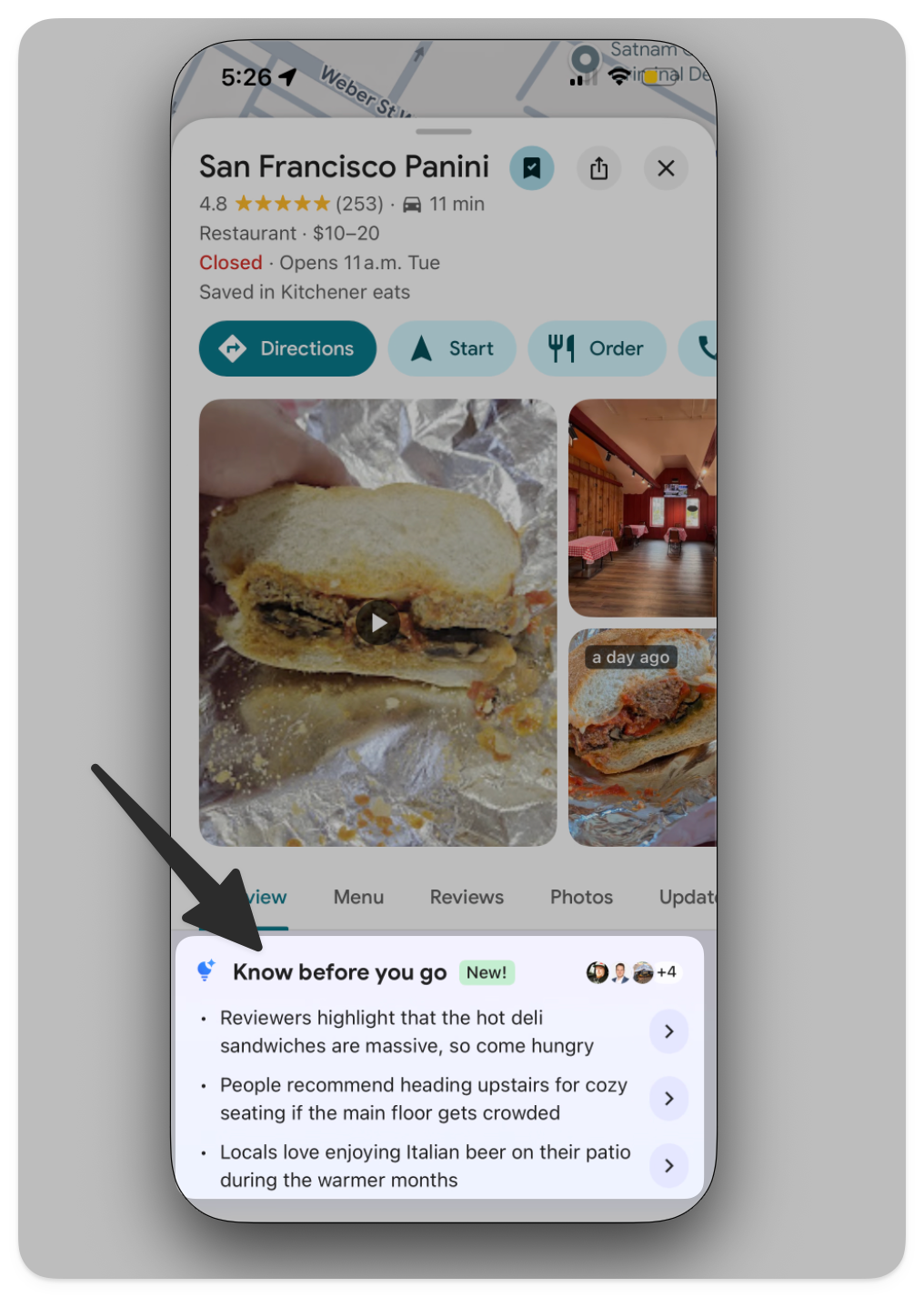 Google Maps listing showing the AI “Know before you go” section summarizing highlights pulled from customer reviews