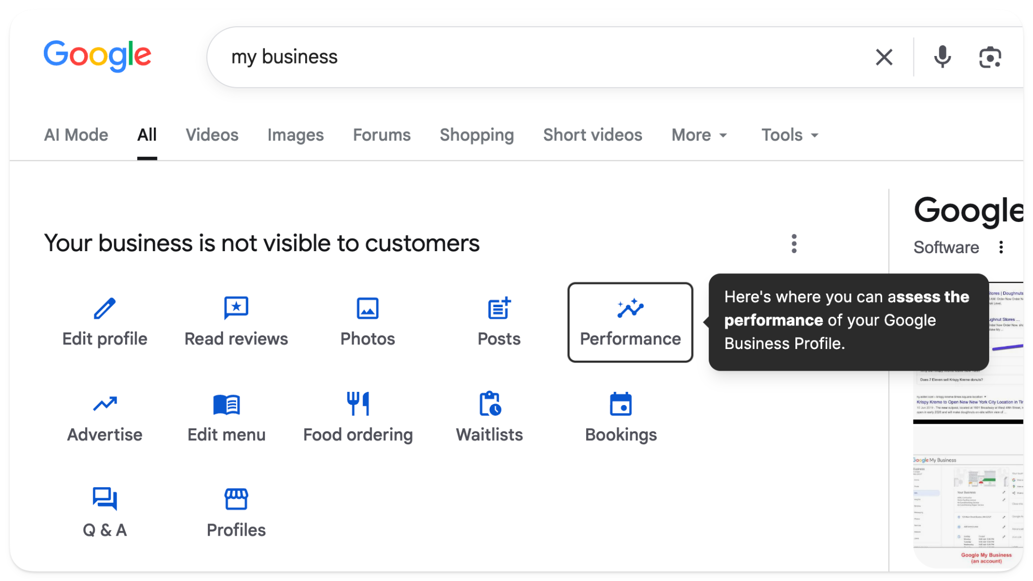 Google Business Profile dashboard with the “Performance” button highlighted for tracking calls, clicks and bookings