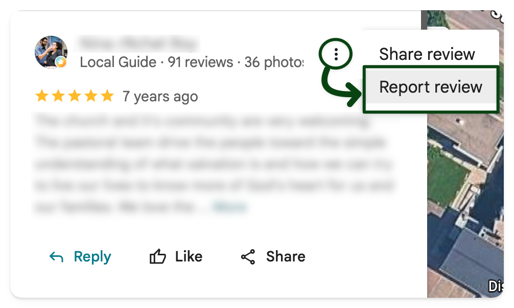 A Google review with the three-dot menu open, showing the “Report review” option used to flag a fake or inappropriate review