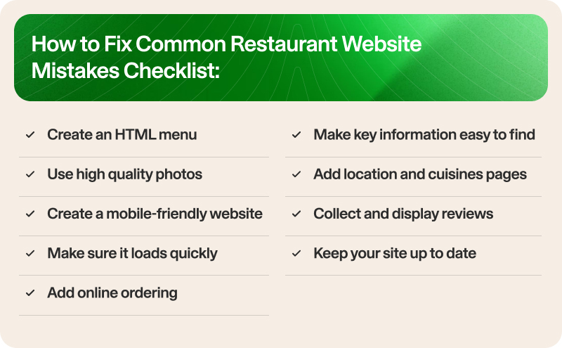 how to fix common restaurant website mistakes checklist