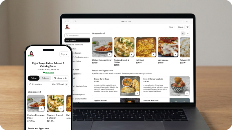 an online ordering system for an italian restaurant shown on laptop and mobile