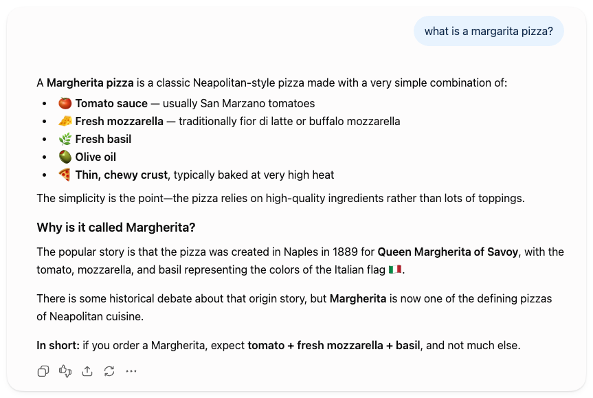 ChatGPT answering “What is a Margherita pizza?” from its training data, listing the ingredients and origin of the name without searching online