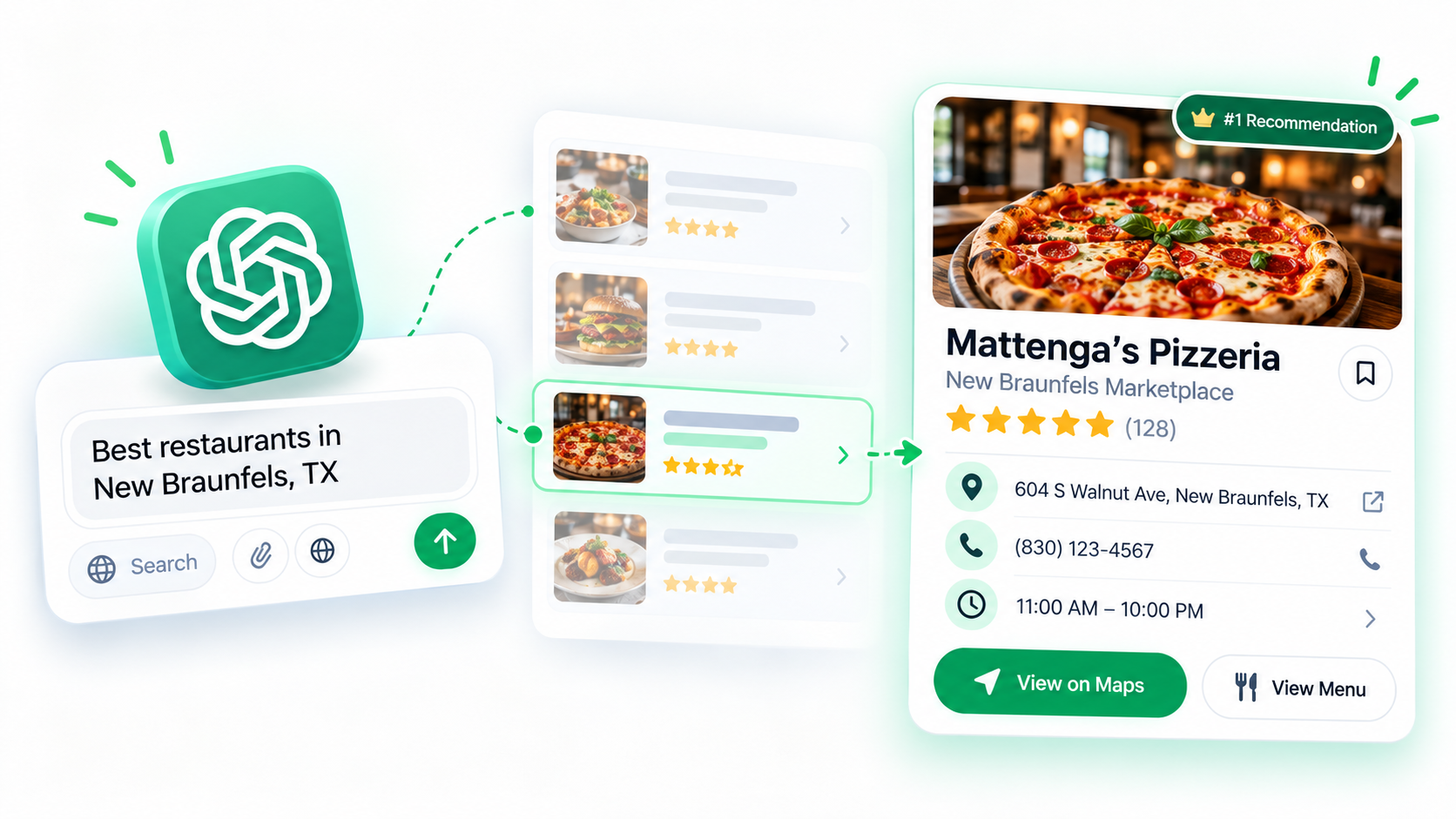 Illustration of a ChatGPT search for “Best restaurants in New Braunfels, TX” that surfaces Mattenga’s Pizzeria as the #1 recommendation, with its address, phone number, and hours