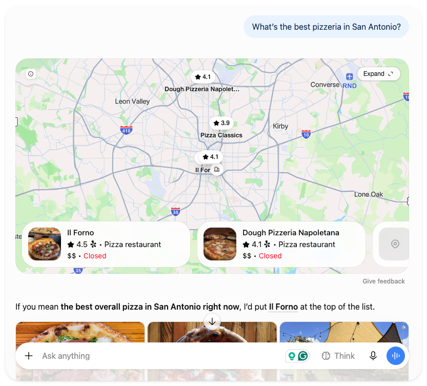 ChatGPT’s answer to “What’s the best pizzeria in San Antonio?” showing a map of local pizzerias with ratings, including Il Forno and Dough Pizzeria Napoletana