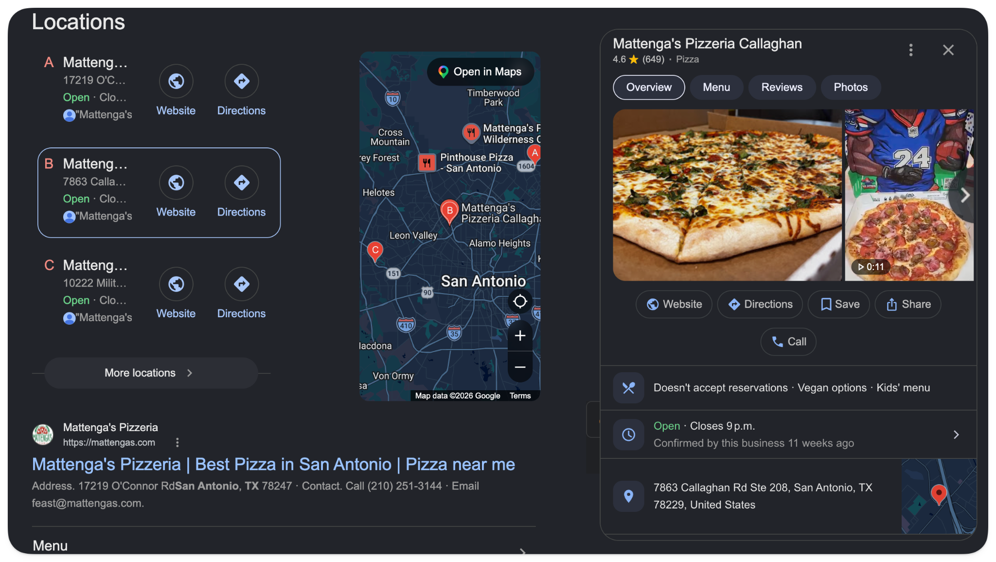 Google Search results for Mattenga’s Pizzeria showing its San Antonio locations on a map, next to the Google Business Profile for the Callaghan location with photos, hours, and address