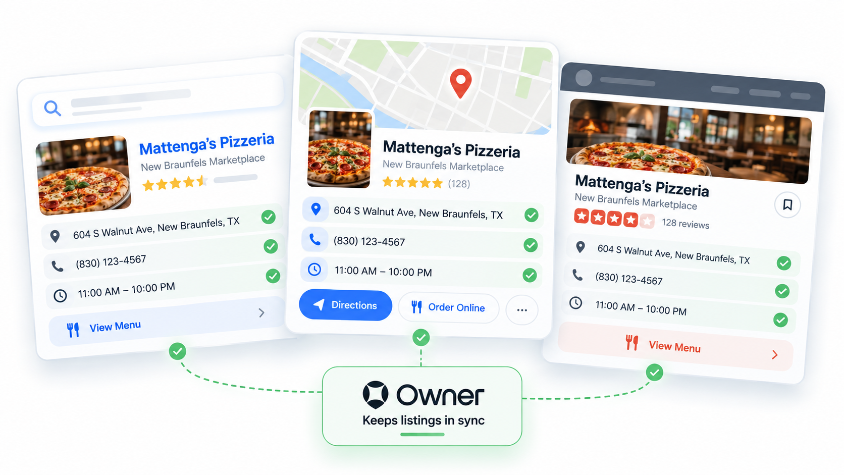Illustration of Owner keeping Mattenga’s Pizzeria’s name, address, phone number, and hours in sync across three different online listings