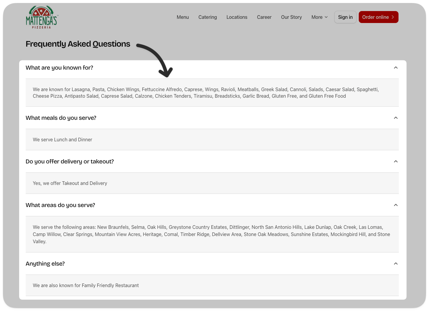 Frequently asked questions section on Mattenga’s Pizzeria website answering what the restaurant is known for, meals served, delivery and takeout, and areas served