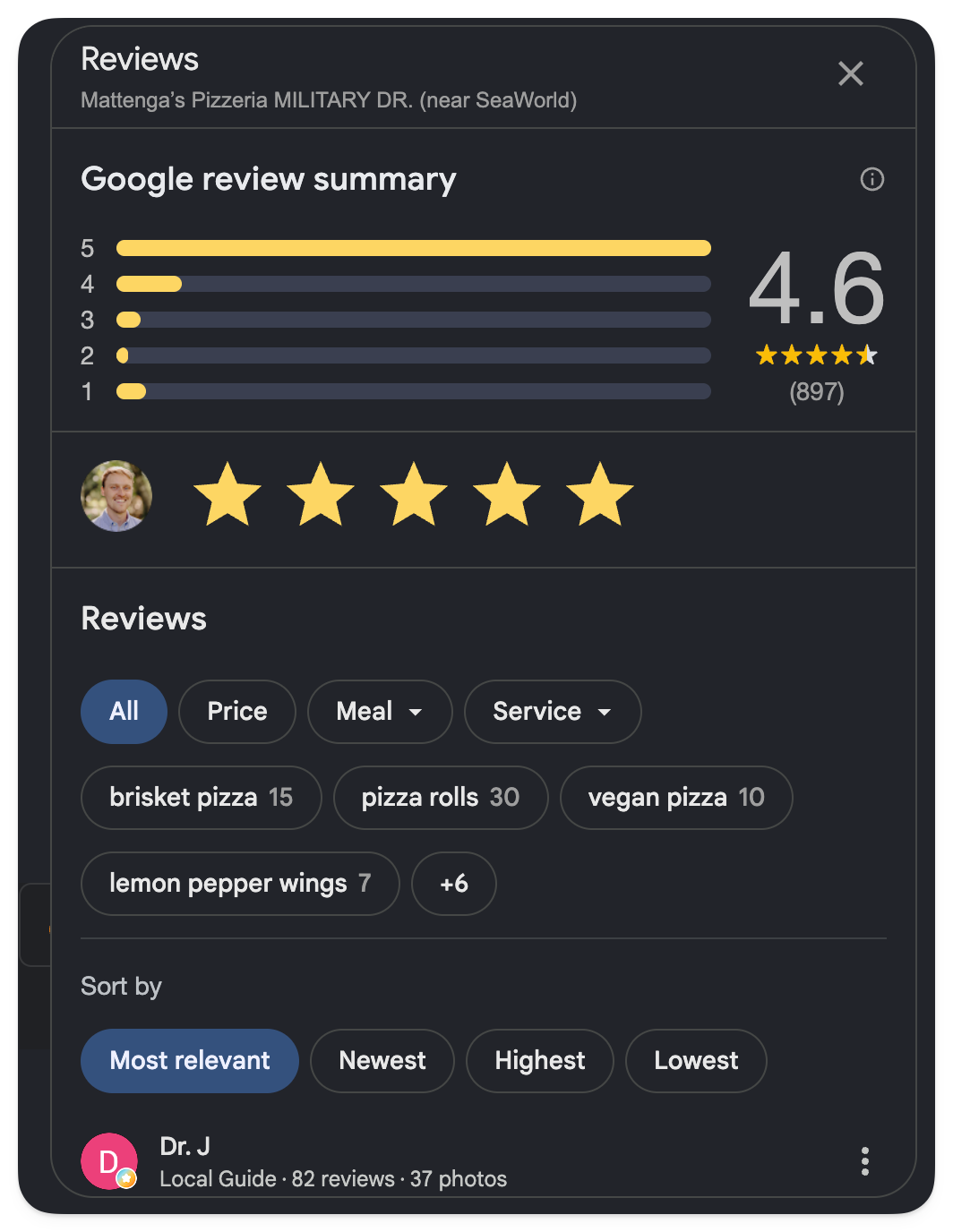 Google review summary for Mattenga’s Pizzeria on Military Dr. showing a 4.6-star rating from 897 reviews, with review topics like brisket pizza, pizza rolls, and vegan pizza