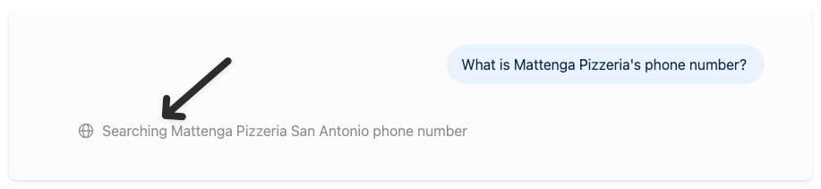 ChatGPT showing “Searching Mattenga Pizzeria San Antonio phone number” before answering a question about the restaurant’s phone number