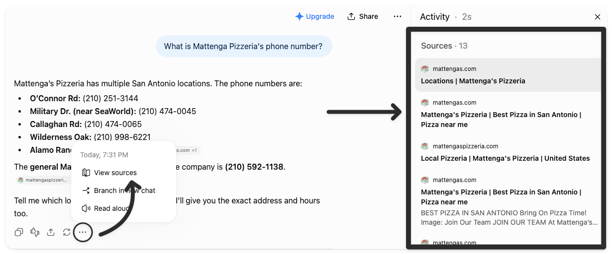 ChatGPT’s “View sources” menu opening a sources panel that lists the Mattenga’s Pizzeria web pages used to answer a phone number question