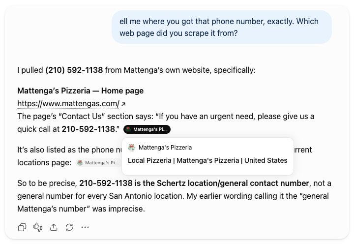 ChatGPT explaining which Mattenga’s Pizzeria web page it pulled a phone number from after being asked for its exact source