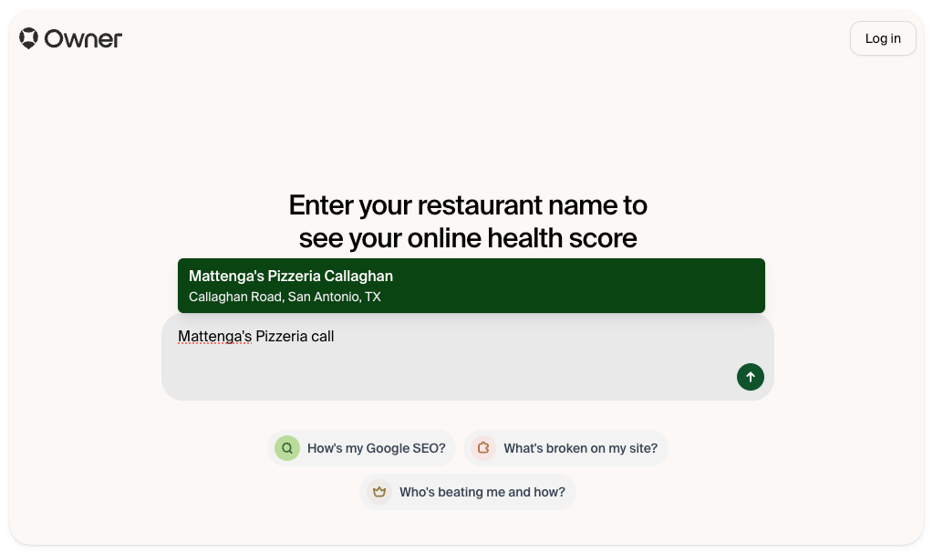 Owner’s free restaurant website grader with Mattenga’s Pizzeria Callaghan entered in the search bar