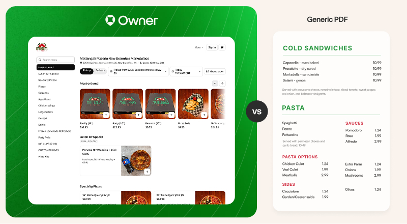 Side-by-side comparison of Mattenga’s Pizzeria’s online menu on Owner, with photos, descriptions, and prices, and a text-heavy generic PDF menu