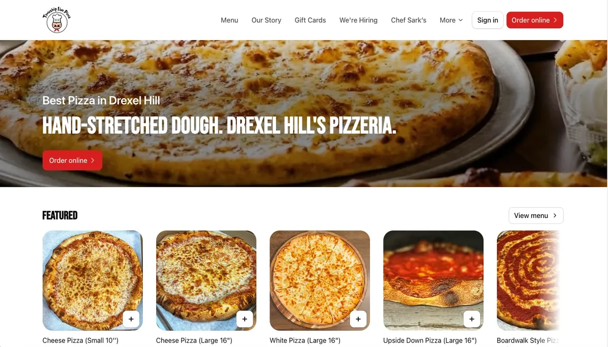 Township Line Pizza website today: hero reading Hand-stretched dough. Drexel Hill's pizzeria, with featured menu items below