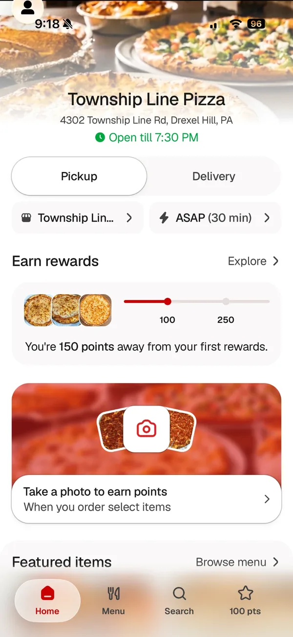 Township Line Pizza's branded Owner app home screen showing pickup and delivery, a rewards progress bar, and featured items
