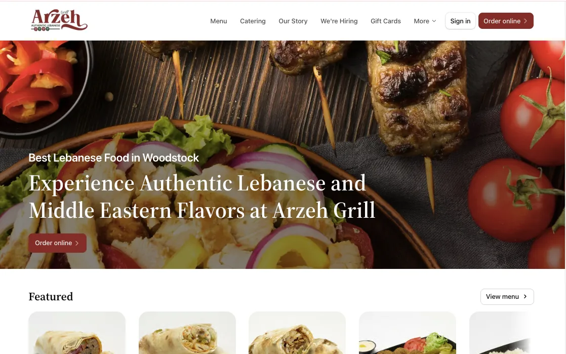 Arzeh Grill website with Owner, showing its homepage and featured menu items