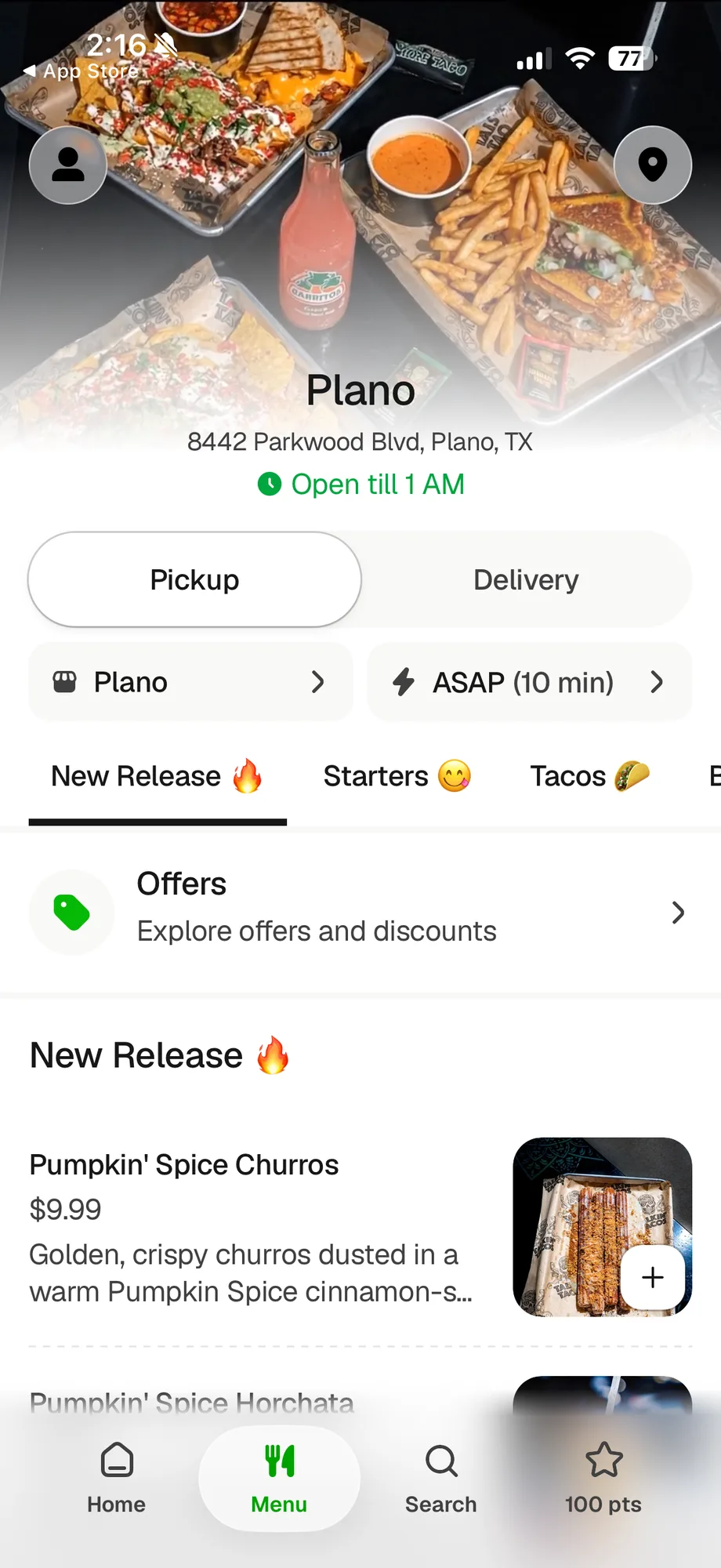 Talkin Tacos app menu for the Plano location