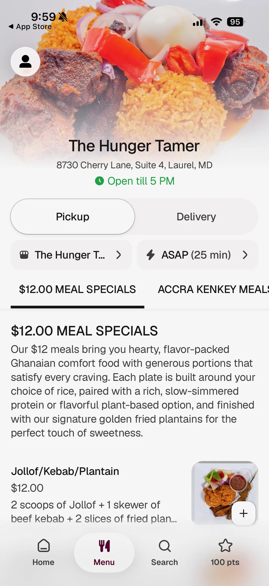 The Hunger Tamer mobile app menu