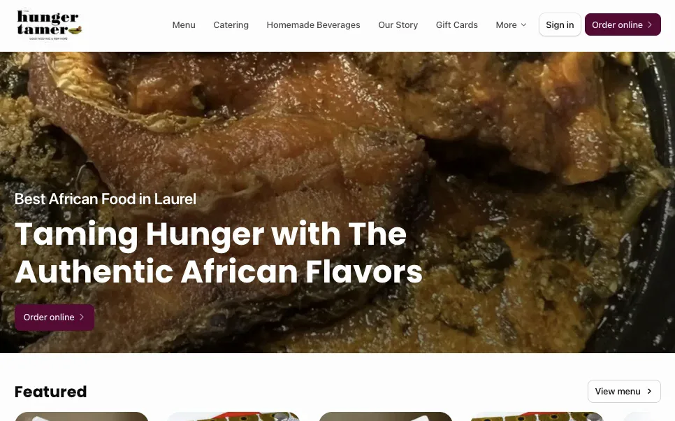 The Hunger Tamer website showing African food in Laurel and featured dishes.