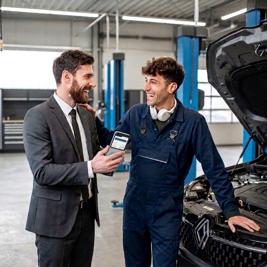 Zwei Kollegen lachen gemeinsam in der Renault-Werkstatt