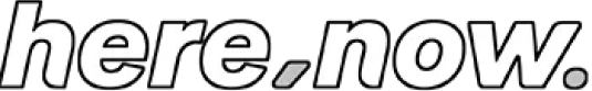 Italicized white text on black background reading 'here.now.'