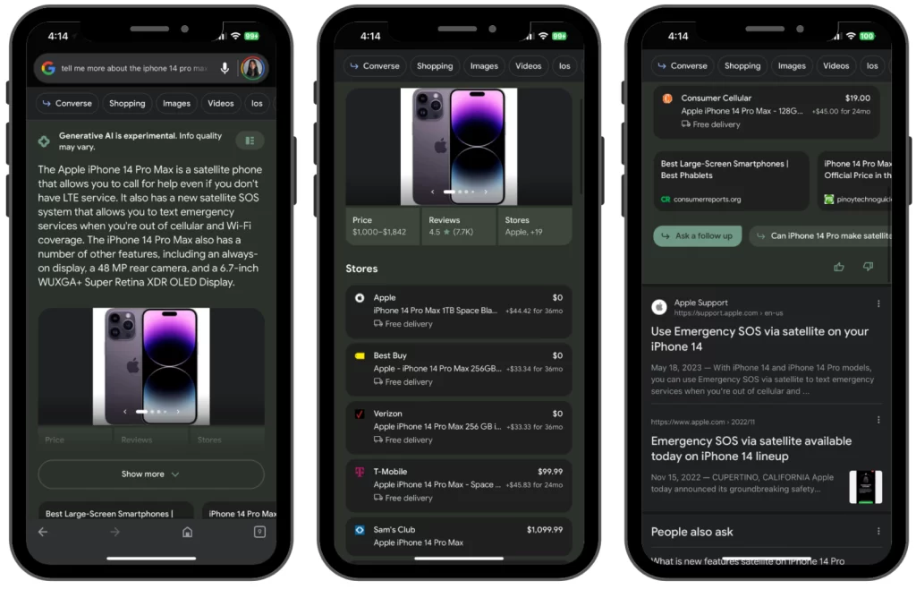 Google Search Generative Experience-(SGE) sur mobile google app product details