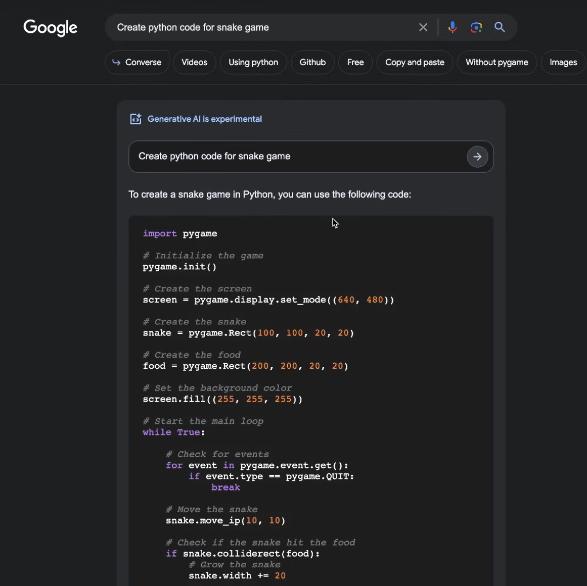 Démonstration sous forme de gif, de la fonctionnalité "Code Tips" de Google SGE.