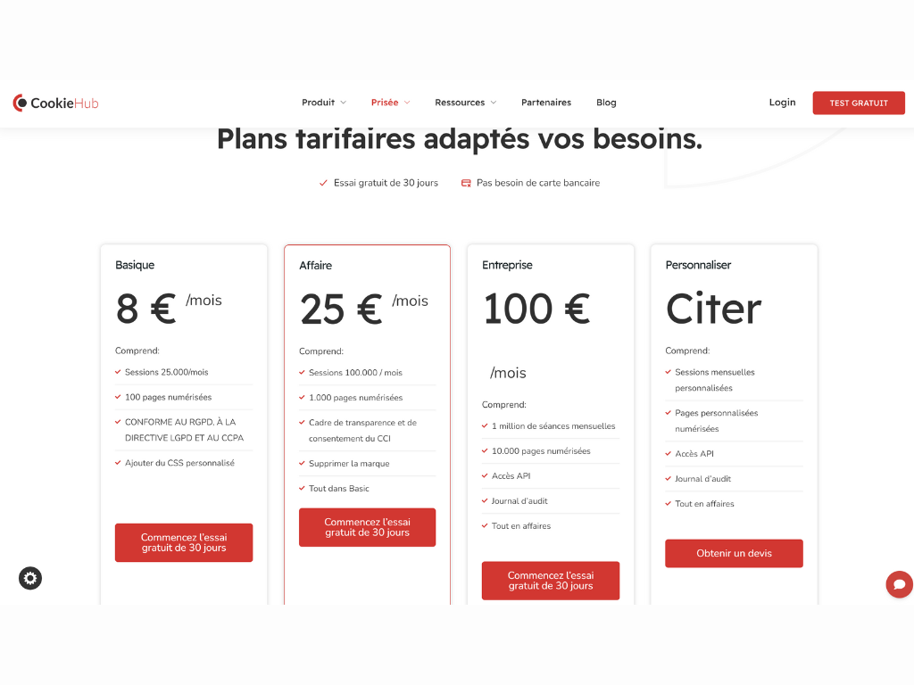 Tarif CookieHub