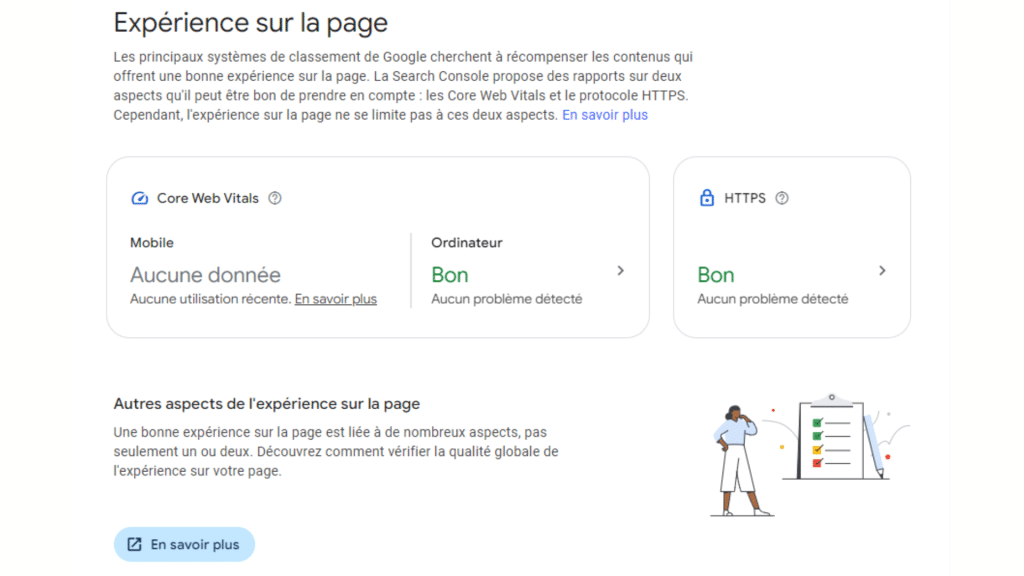 Interface Expérience sur la page de la GSC