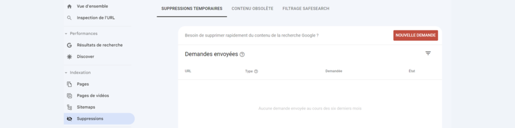 Interface suppression indexation d'une page web sur la GSC
