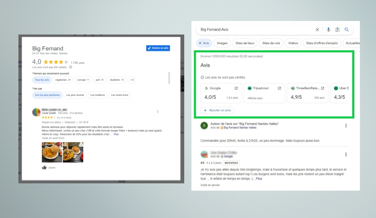À gauche : l'ancienne version des avis Google Business Profile. À droite : la nouvelle version des avis Google Business Profile