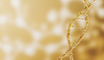 Close-up of a DNA double helix with a golden background