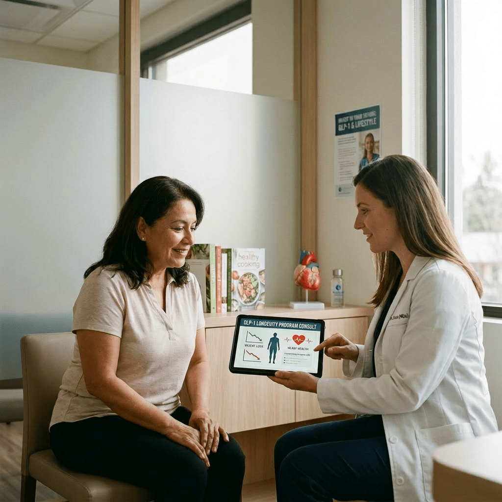 Healthcare professional showing GLP-1 longevity program benefits on a tablet to a patient