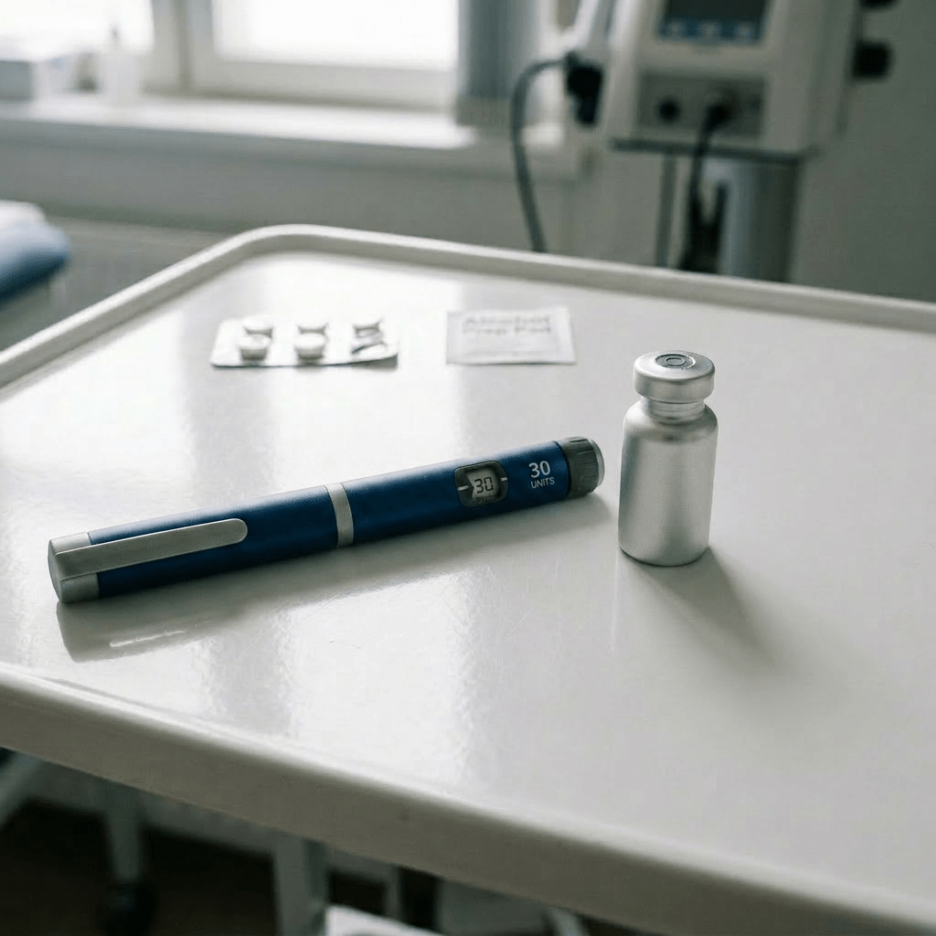 Injection pen on a scale representing a switch between semaglutide and tirzepatide