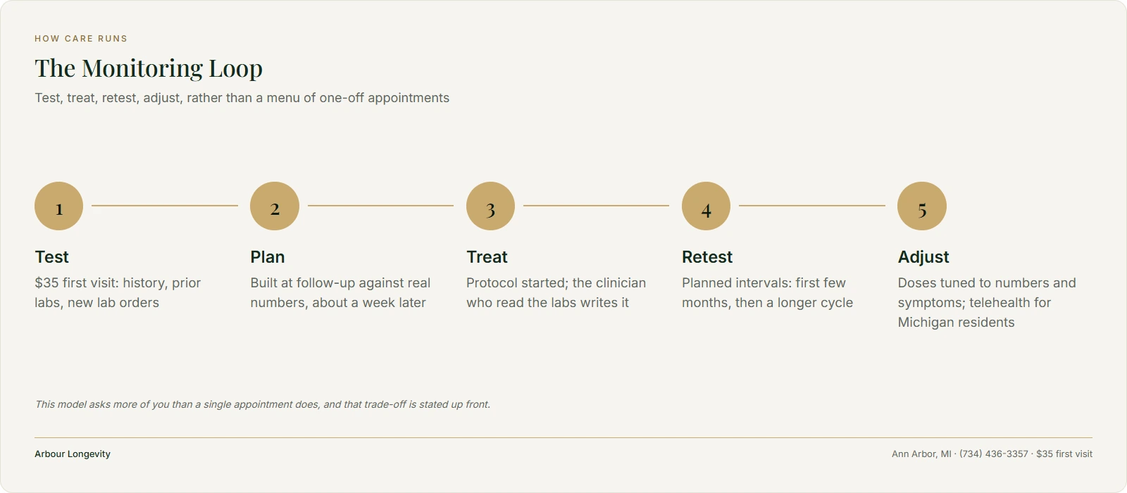 Five-step monitoring loop at Arbour Longevity: test, plan, treat, retest, adjust