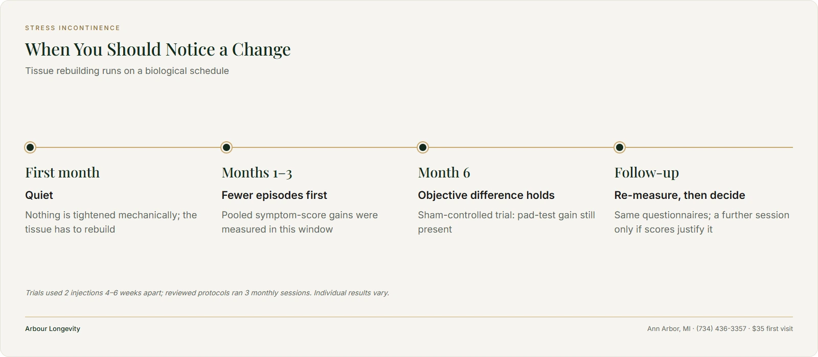 Four-stage timeline of change after O-Shot for stress incontinence: first month, months 1–3, month 6, follow-up
