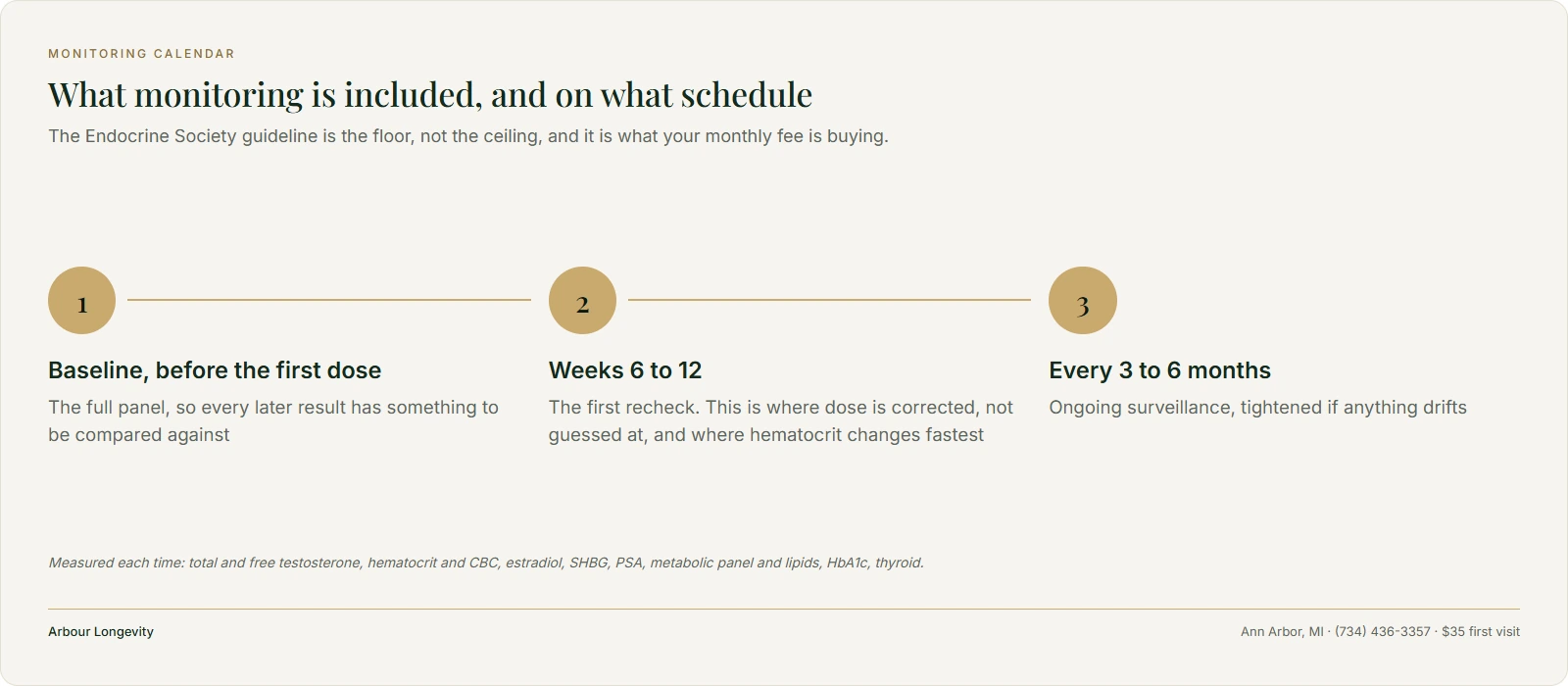 Three-step monitoring calendar for TRT: baseline panel, recheck at weeks 6–12, then every 3–6 months
