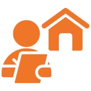 Orange icon of a person holding a laptop with a house symbol in the background.