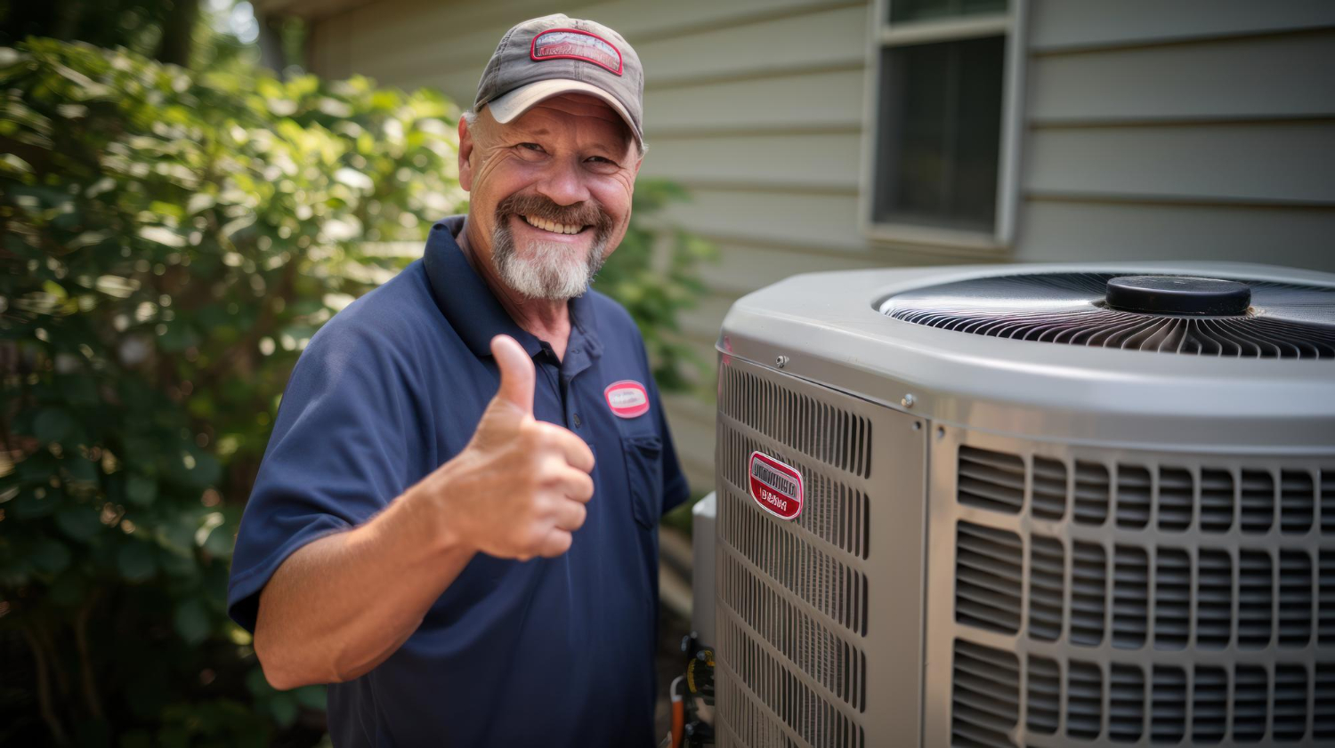 Smiling technician giving thumbs up next to a home air conditioning unit outside a house.