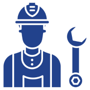 Icon of a construction worker wearing a hard hat and overalls next to a wrench.