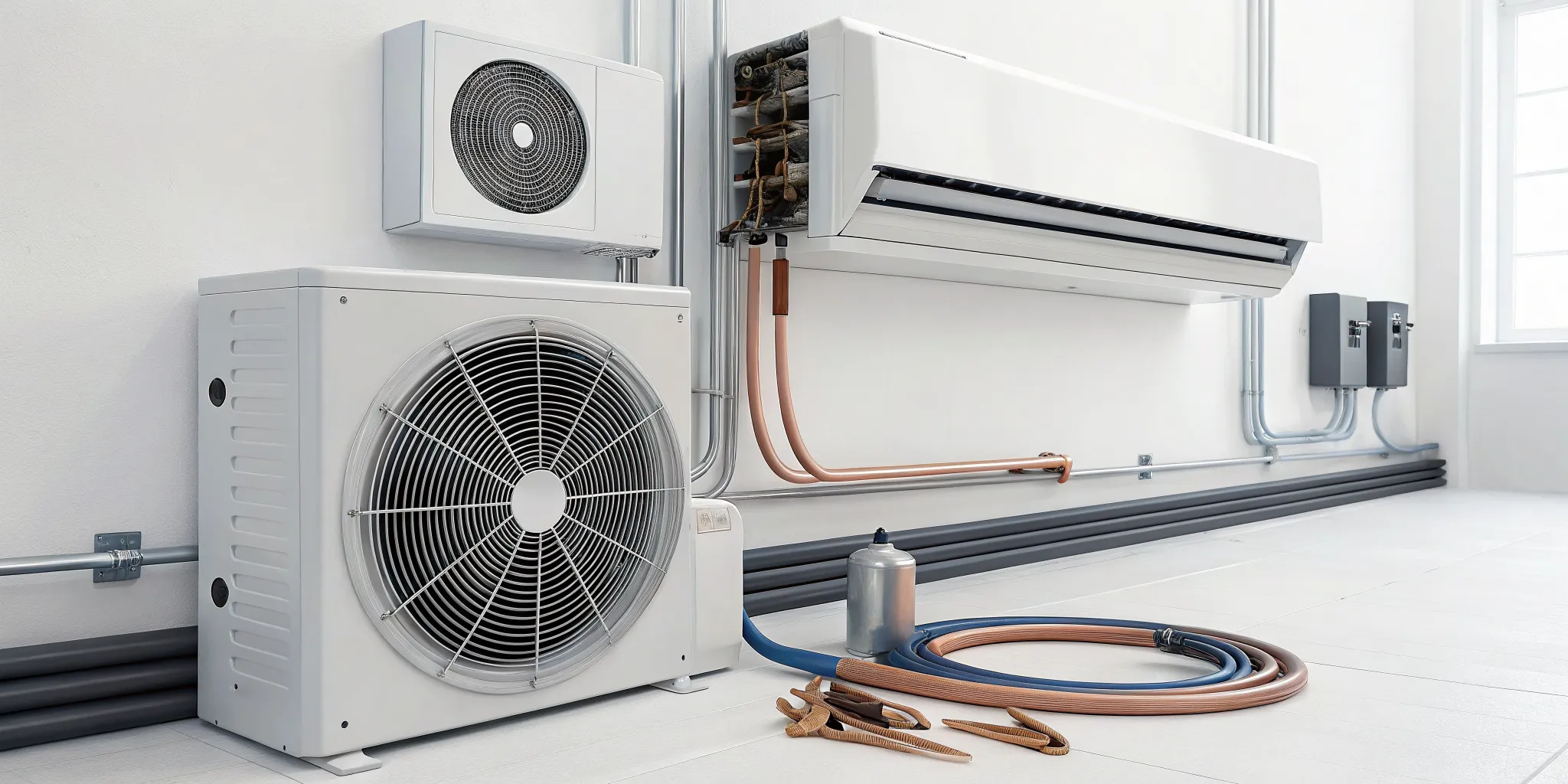Technician wearing gloves and a blue cap installing or servicing an outdoor air conditioning unit on a white wall.