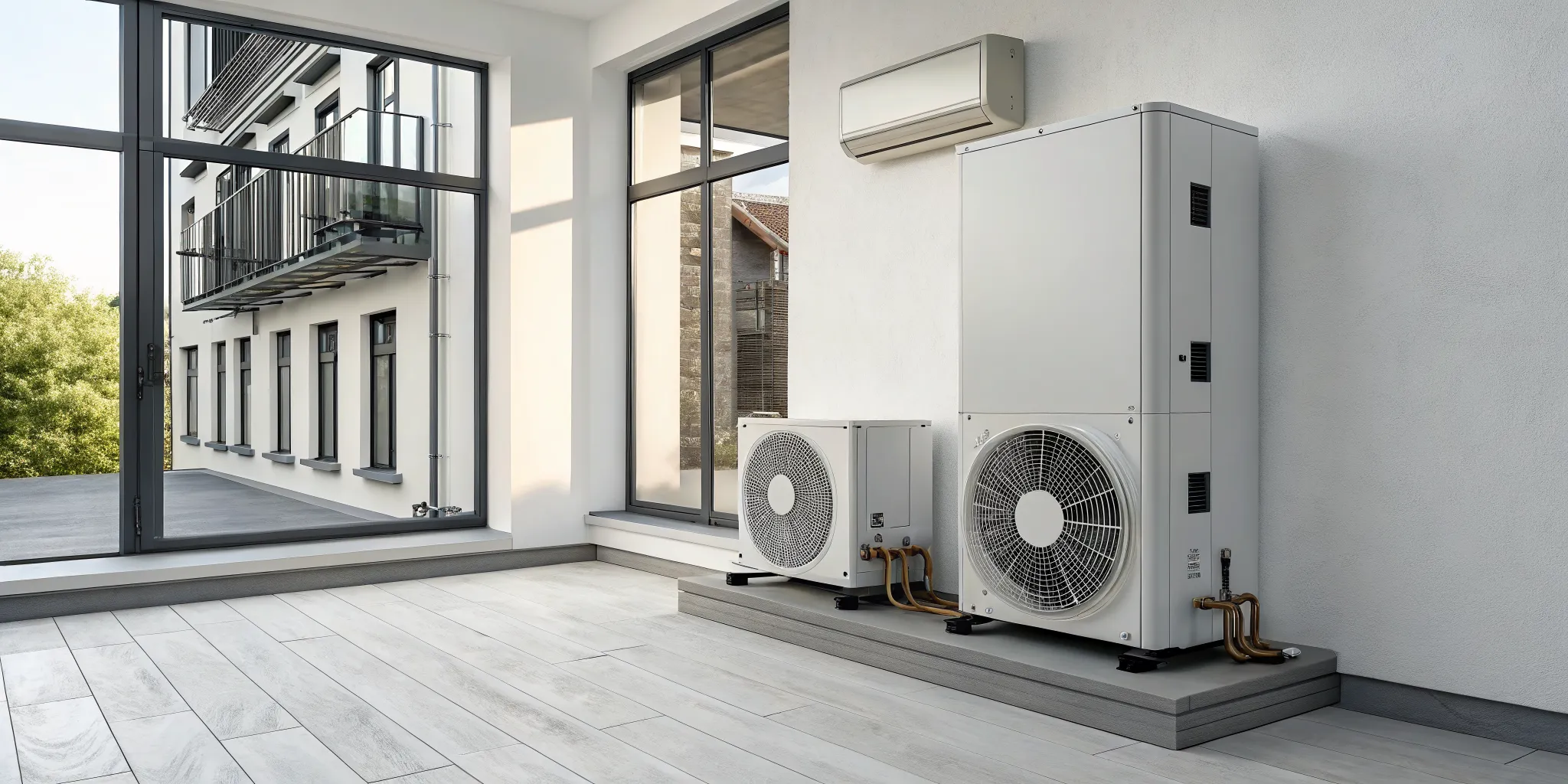 Technician wearing gloves and a blue cap installing or servicing an outdoor air conditioning unit on a white wall.