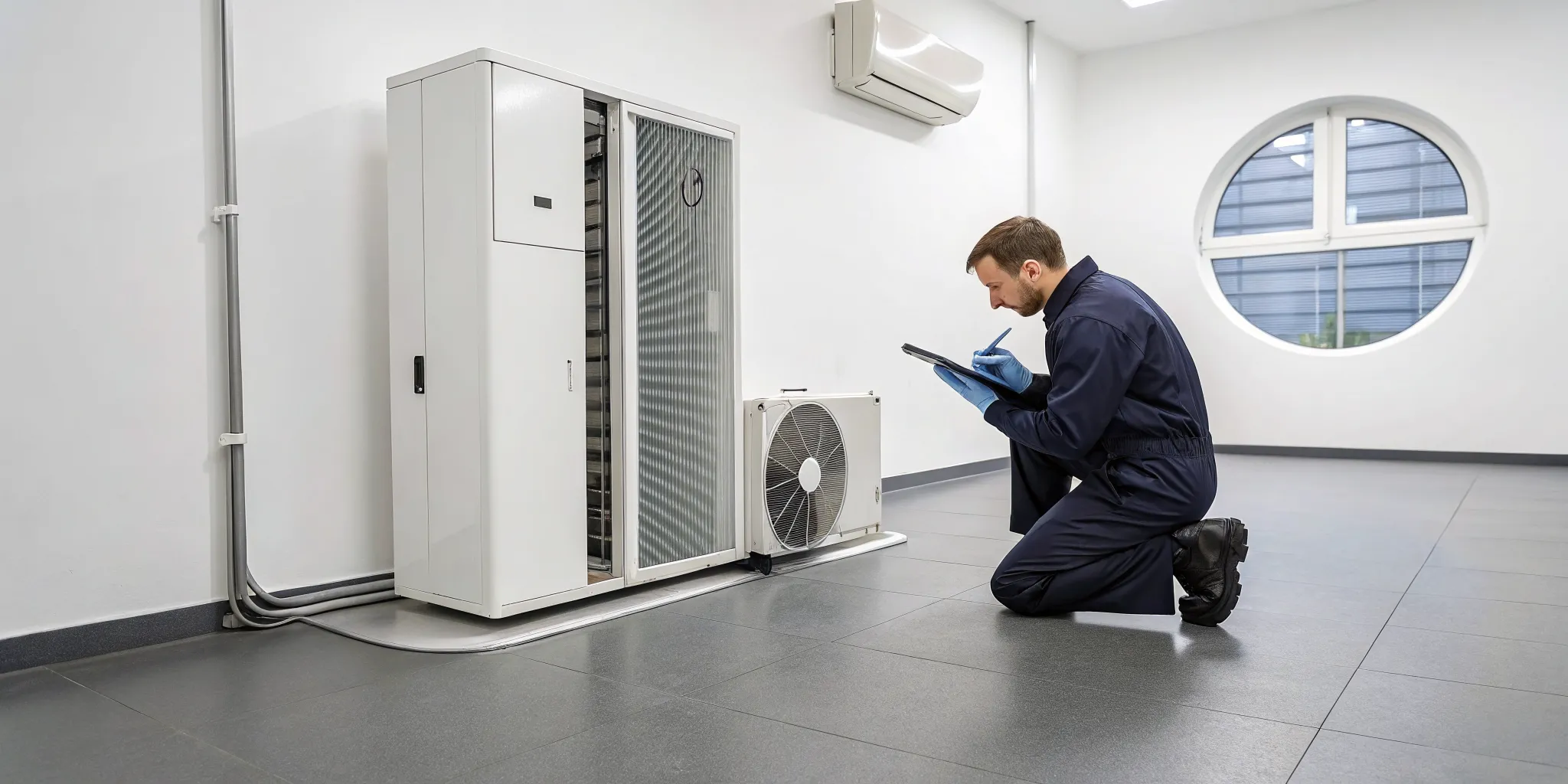 Technician wearing gloves and a blue cap installing or servicing an outdoor air conditioning unit on a white wall.
