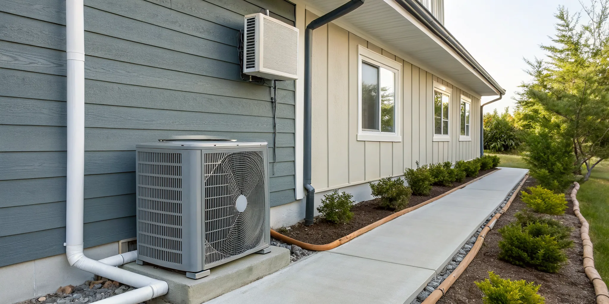 Technician wearing gloves and a blue cap installing or servicing an outdoor air conditioning unit on a white wall.