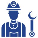 Icon of a construction worker wearing a hard hat and overalls next to a wrench.