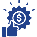 Thumbs up icon next to a dollar sign inside a starburst shape indicating approval or value.