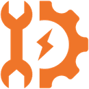 Orange icon combining a wrench on the left and a gear with a lightning bolt inside on the right, symbolizing maintenance or technical support.