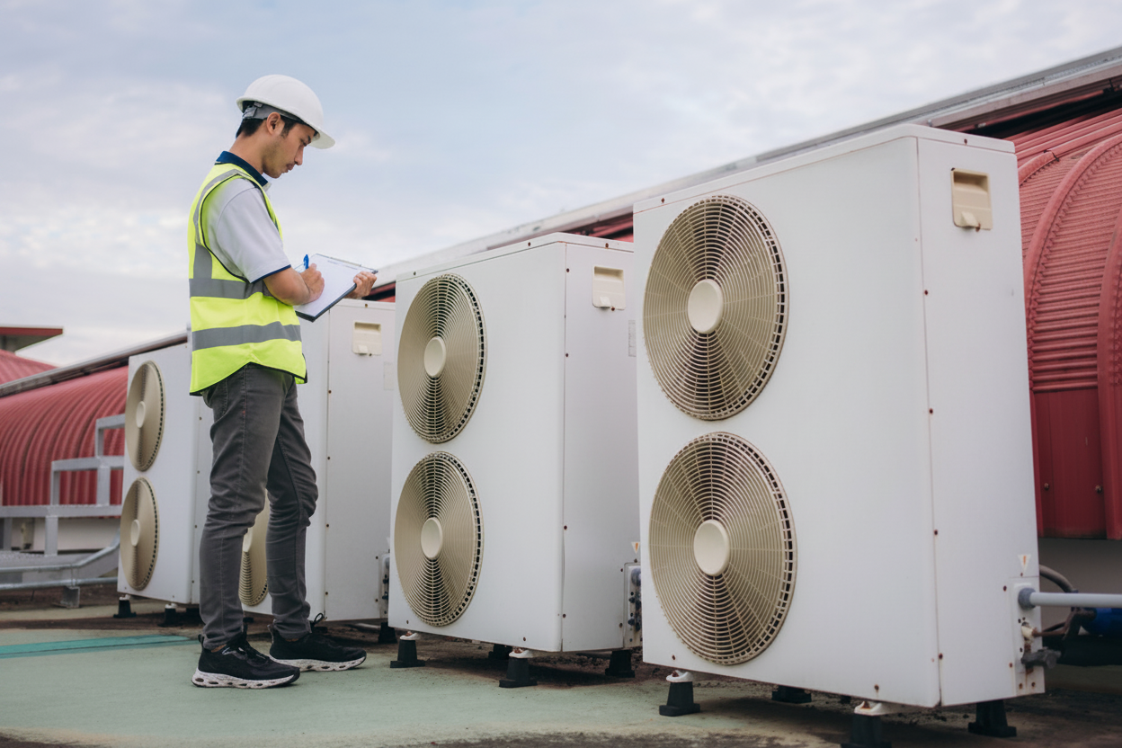 Smiling technician giving thumbs up next to a home air conditioning unit outside a house.